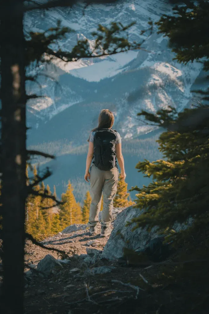 Randonneuse de dos avec un sac à dos, arrêtée sur un sentier rocheux face à des montagnes enneigées